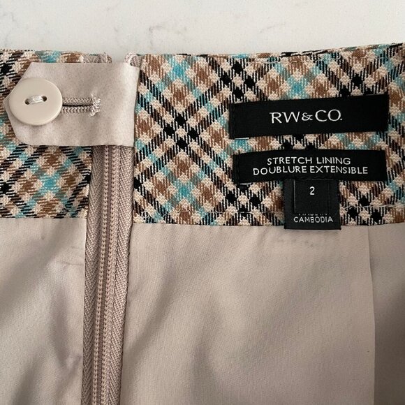 RW&CO. Stretch Lining Plaid Mini Skirt w Front Slit Turquoise Blue Blk Tan Sz 2 - Picture 7 of 10